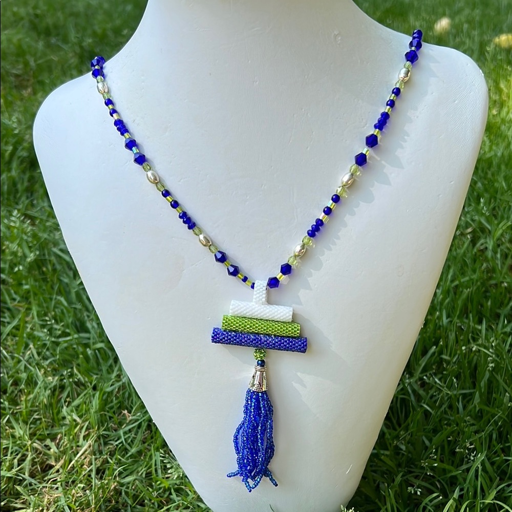 Blue and Green Handmade Beaded Necklace with Tassel Pendant